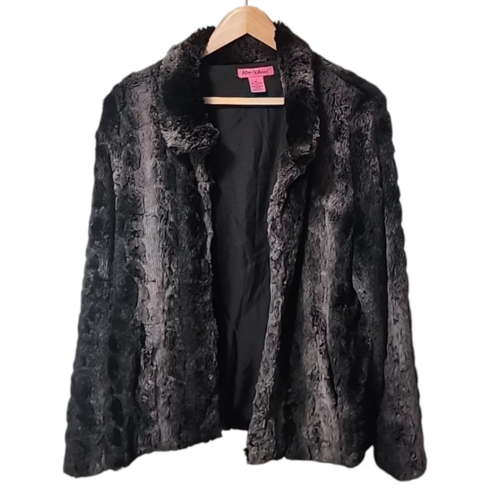 BETSEY JOHNSON Faux Fur Jacket L Super Soft Teddy Black Gray Animal Fuzzy Soft - Picture 8 of 10